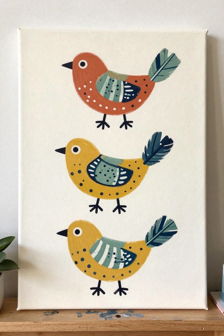 Three colorful stylized birds painted vertically on a white canvas with patterned wings.
