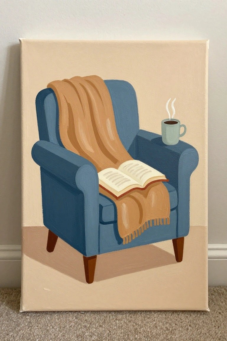 Blue armchair with brown blanket, open book on seat, and steaming mug.