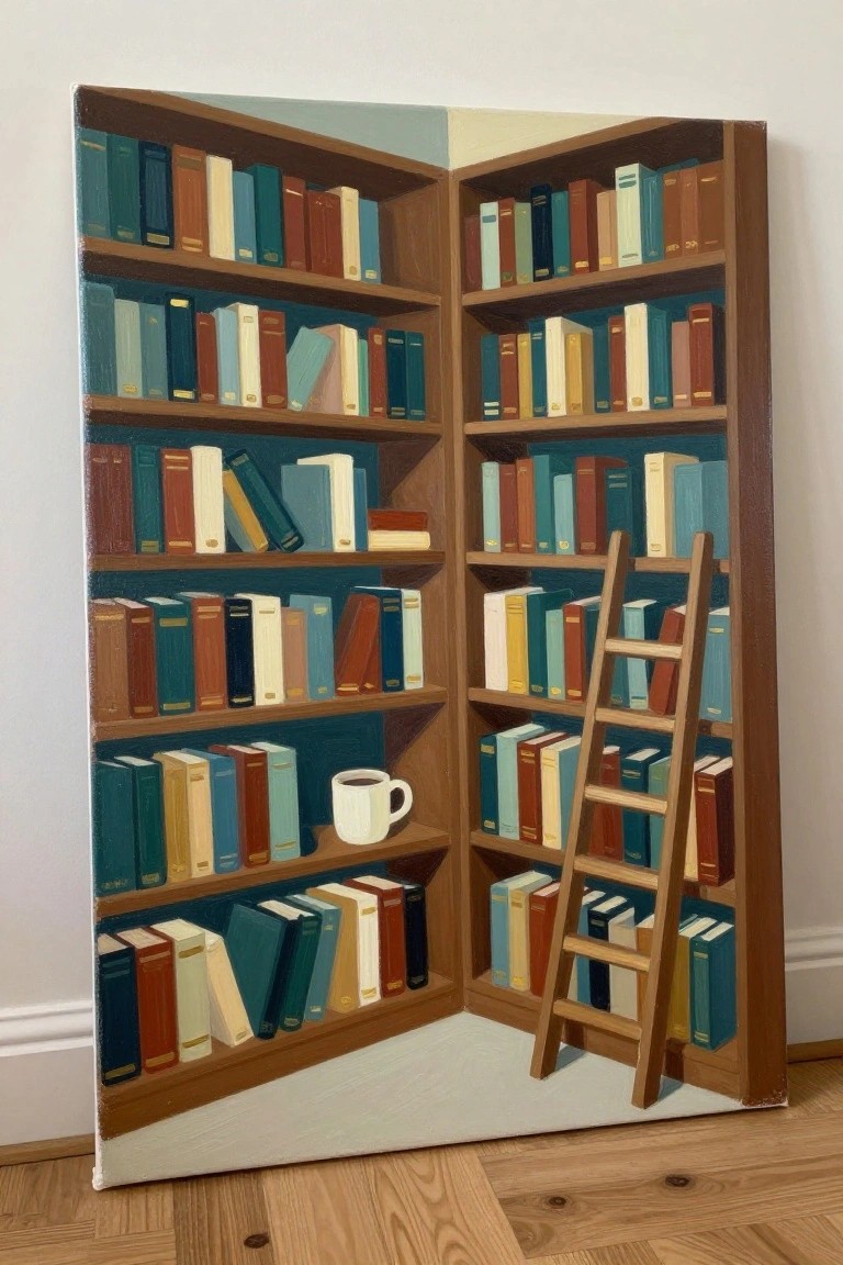 Corner bookshelves stocked with colorful books, white mug, and leaning wooden ladder.