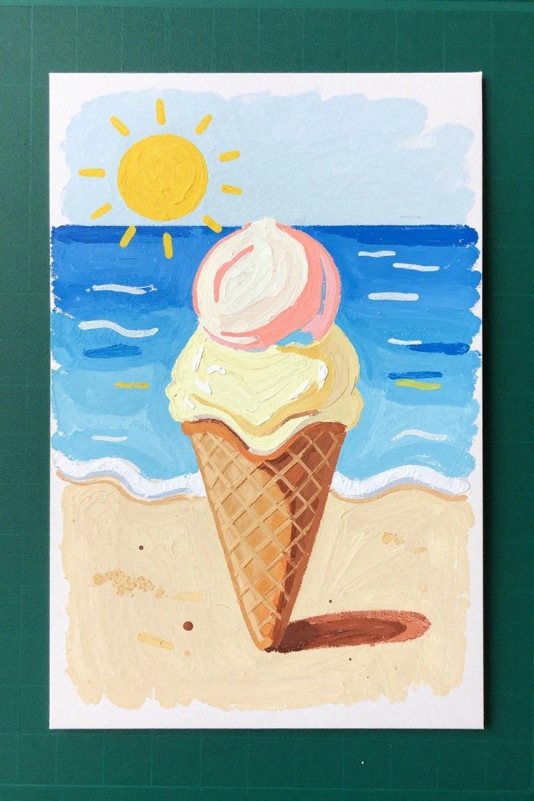 Impasto painting of pink and yellow ice cream cone on beach with ocean and sun