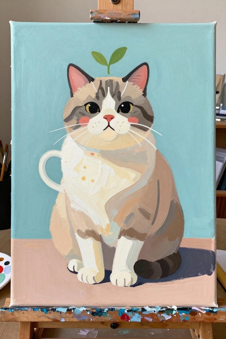 Painted canvas on easel of cat with plant sprout holding white mug