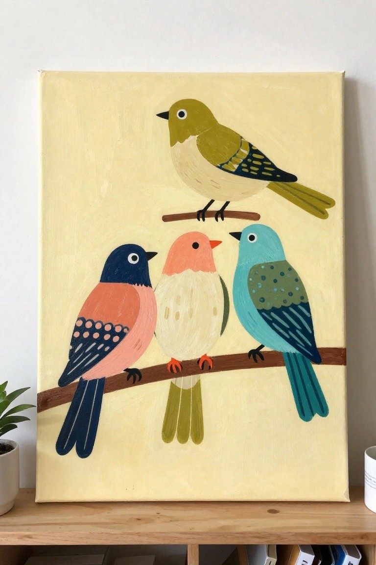 Colorful folk art painting of four birds perched on branches against yellow background