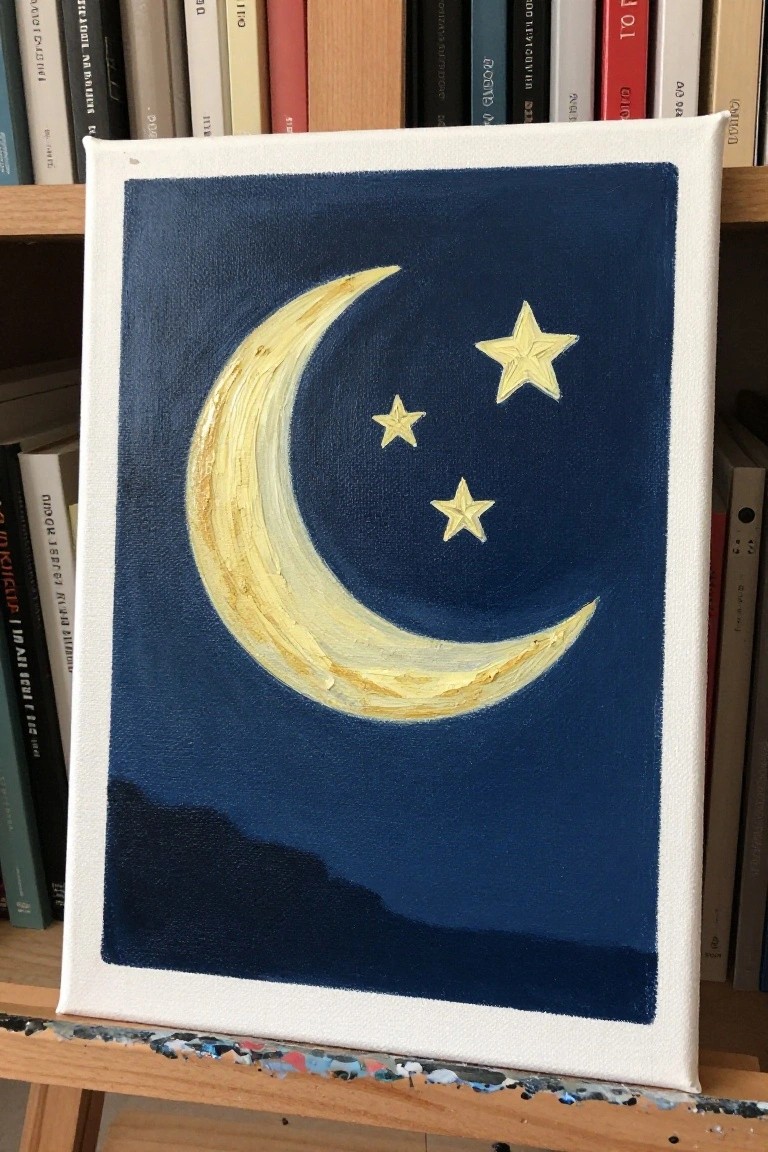 A small canvas shows a yellow crescent moon and three stars on a dark blue background with a black shape along the bottom edge, leaning against a bookshelf.