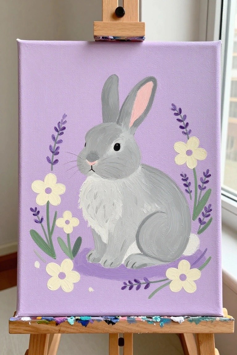 Gray rabbit painting on purple canvas with yellow flowers and lavender on easel