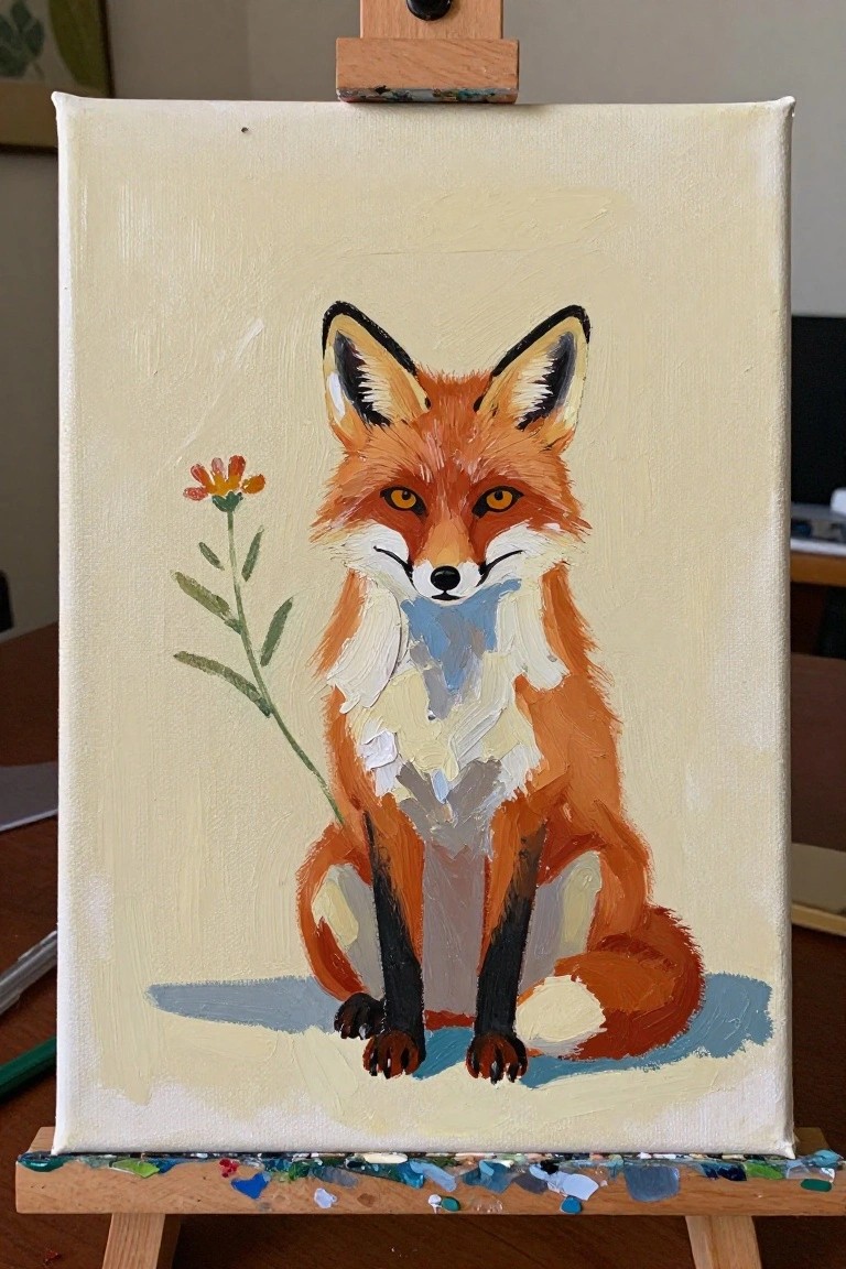 Orange fox with white chest sits beside small flower on cream canvas