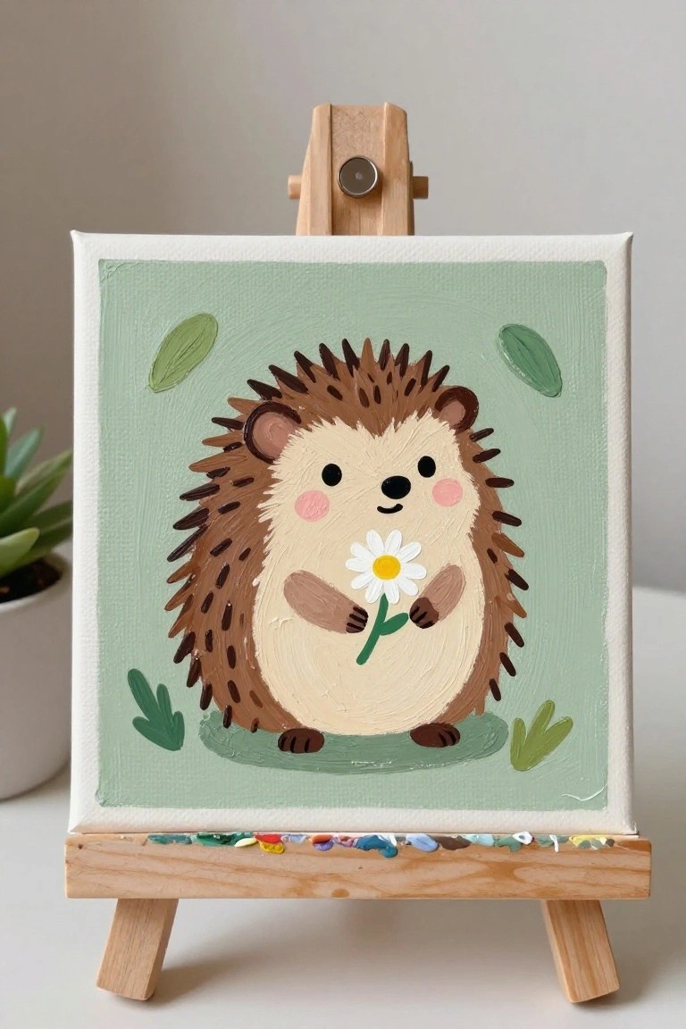 Cute hedgehog holding daisy on light green canvas atop wooden easel