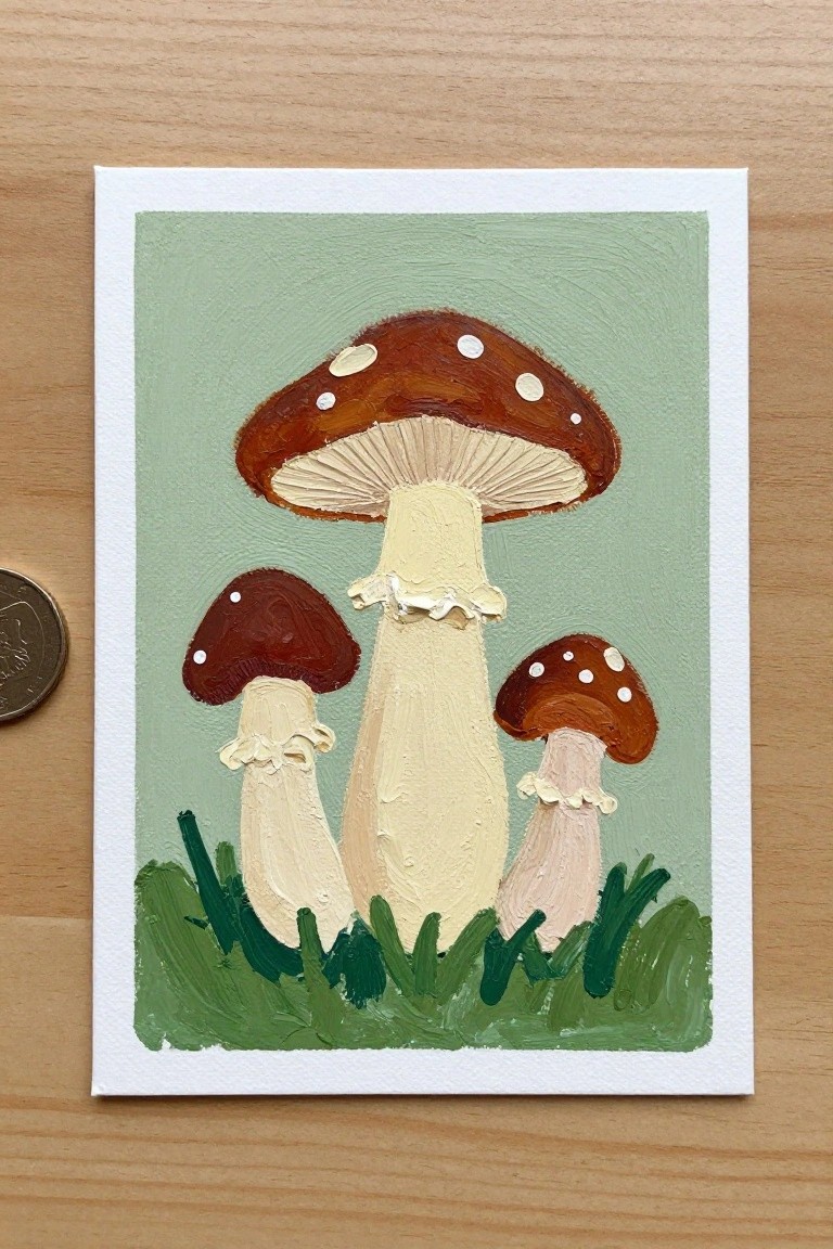 Three mushrooms with brown spotted caps and pale stems on green grass.