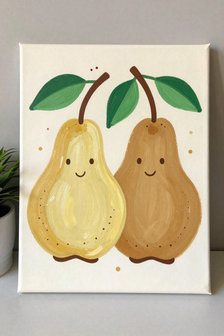 Two smiling cartoon pears with faces and green leaves on canvas