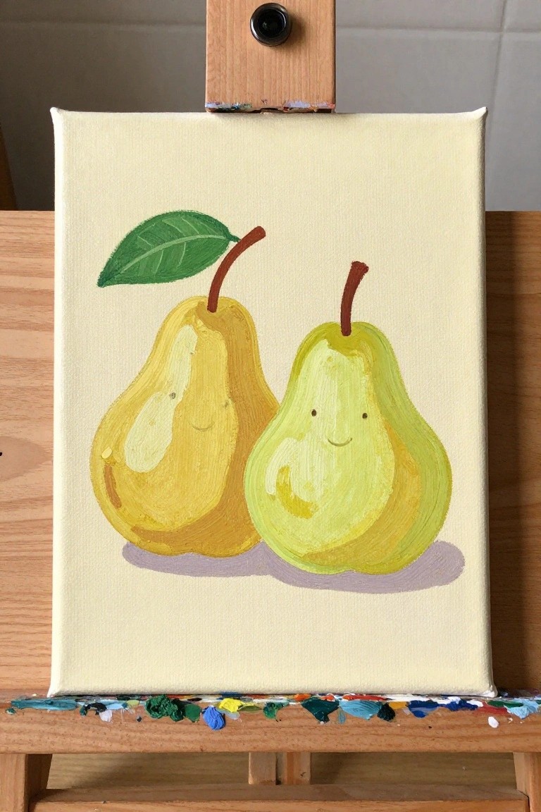 Two smiling pears, one yellow one green, with leaf on canvas easel.