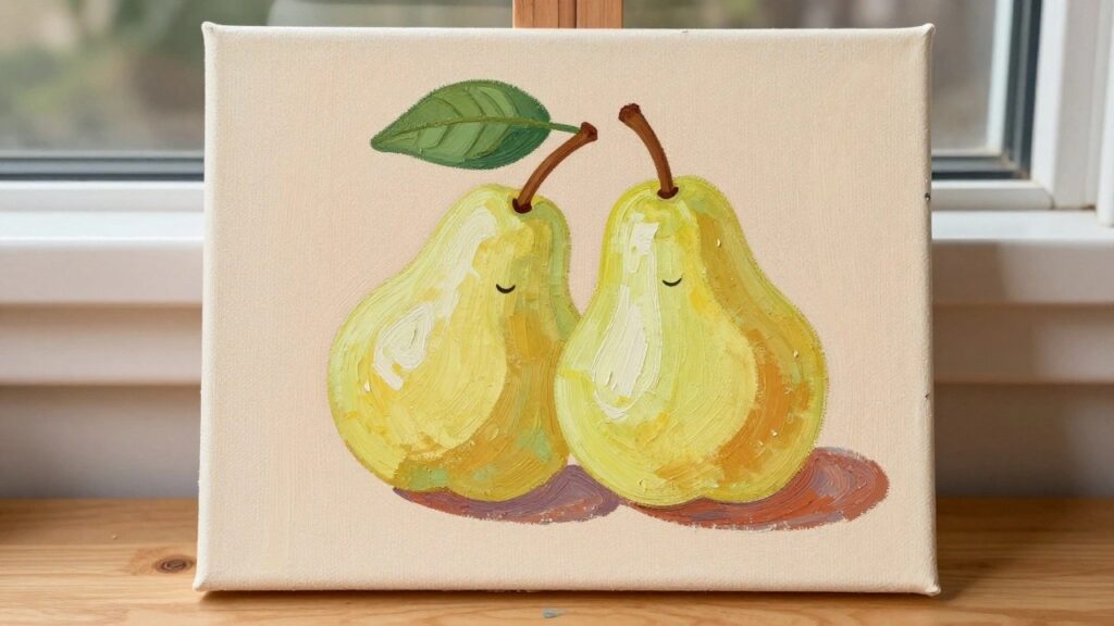 Two smiling pears, one yellow one green, with leaf on canvas easel.