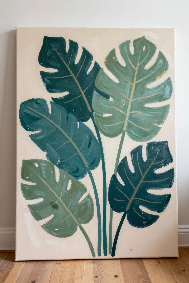 Stylized monstera leaves in green tones with gold accents on beige canvas