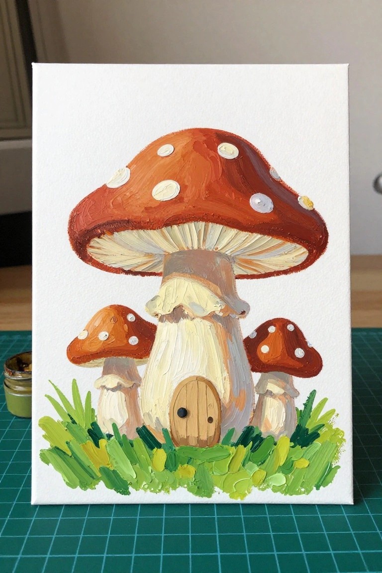 Acrylic painting of large red mushroom with door, flanked by two smaller spotted ones on grass