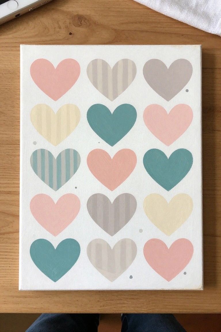 Pastel pink teal and striped hearts painted on white canvas atop wooden table.