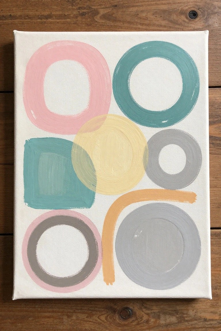 Abstract painting with colorful rings, circles, square, and curves on white canvas