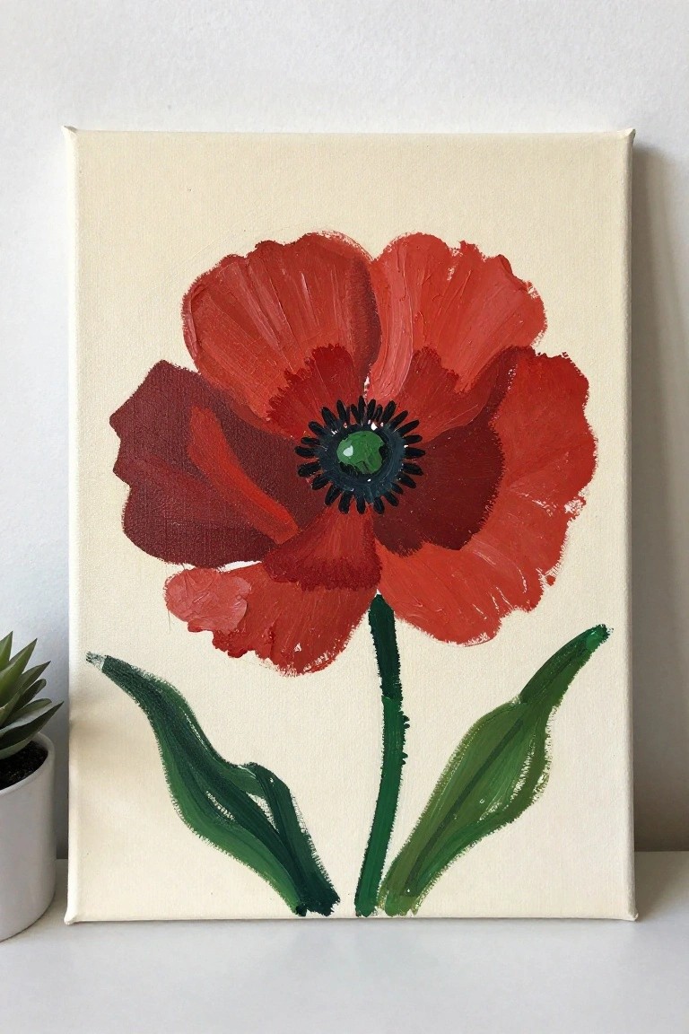 Bold red poppy painting with green stem, leaves on beige canvas
