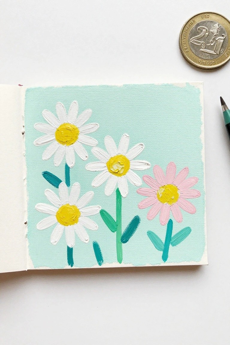 Painted white and pink daisies with yellow centers on turquoise paper beside euro coin.