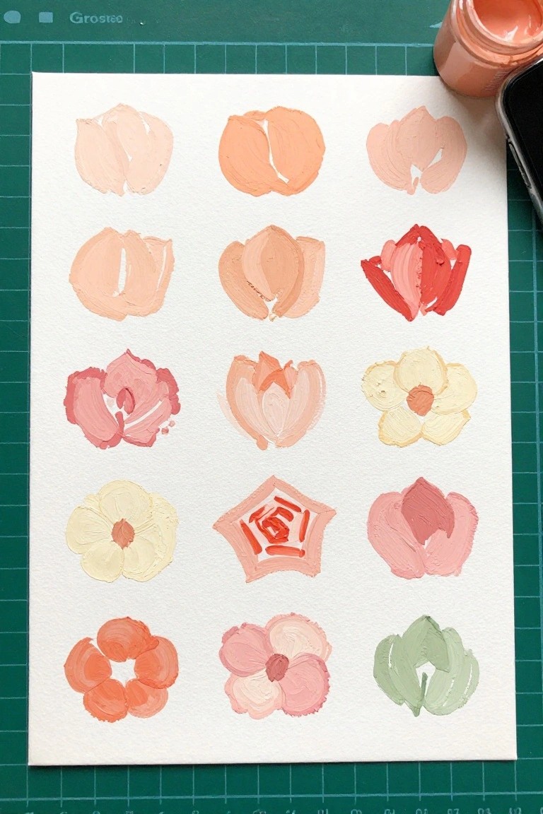 Colorful hand-painted flowers in varied styles on white paper with supplies