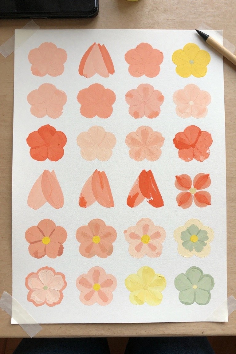 A sheet of paper taped to a table displays multiple acrylic paintings of flowers and buds in shades of orange, peach, and yellow.