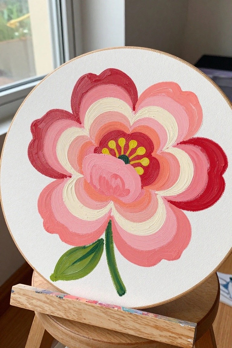 Thickly painted pink and red flower with yellow center in wooden embroidery hoop on stand