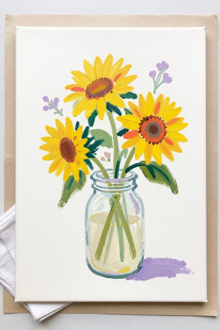 Three yellow sunflowers in a glass mason jar on white canvas.