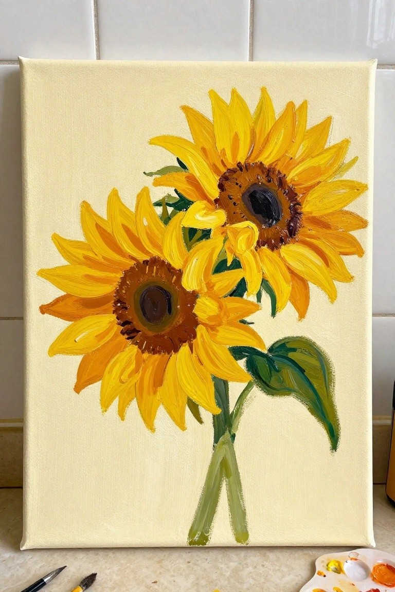 A canvas painting of two yellow sunflowers with brown centers and green stems and leaves on a light yellow background, with painting supplies visible below.