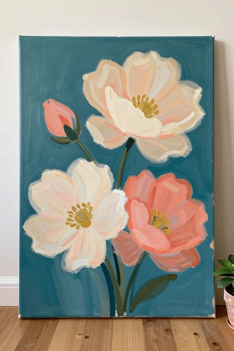 Abstract painting of white, peach, and coral flowers on teal canvas background