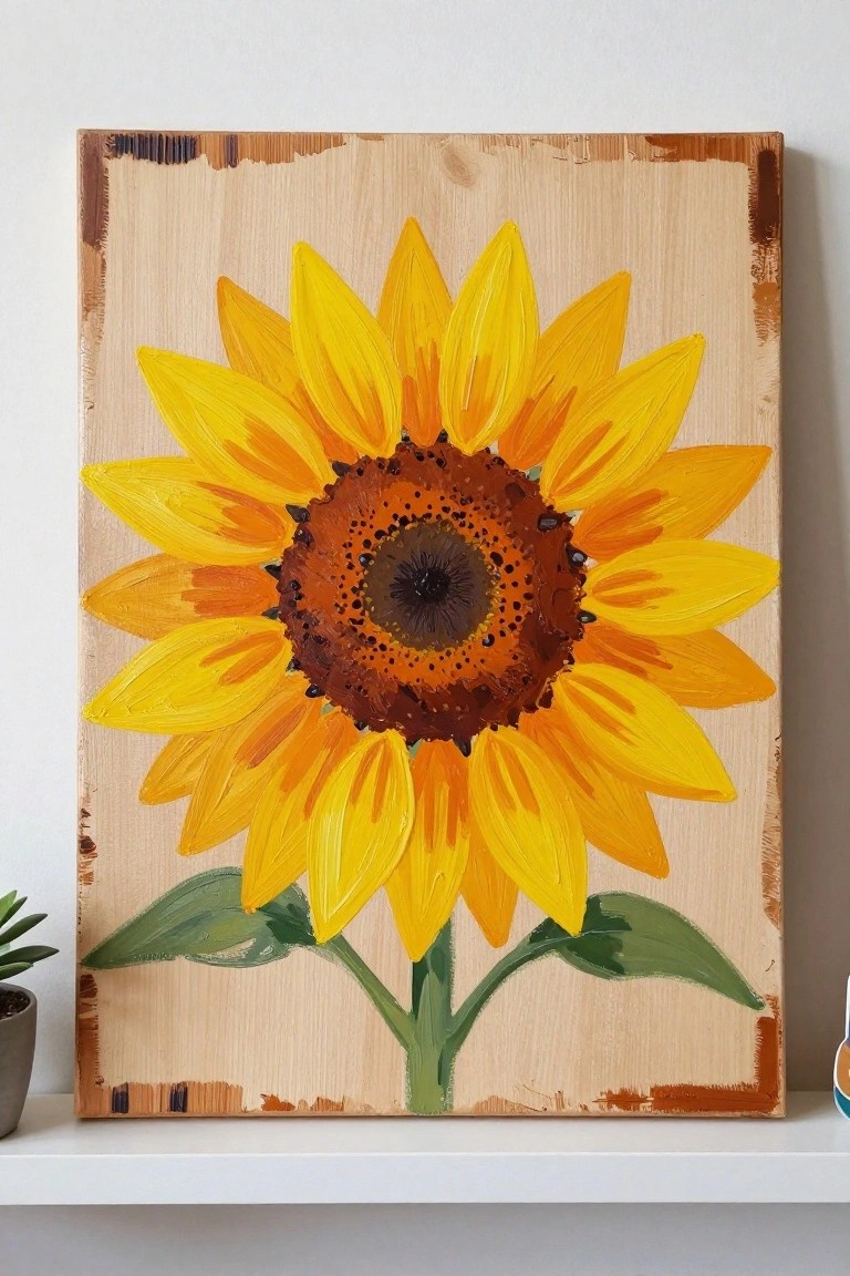 Yellow sunflower painting with brown center and green leaves on wood board