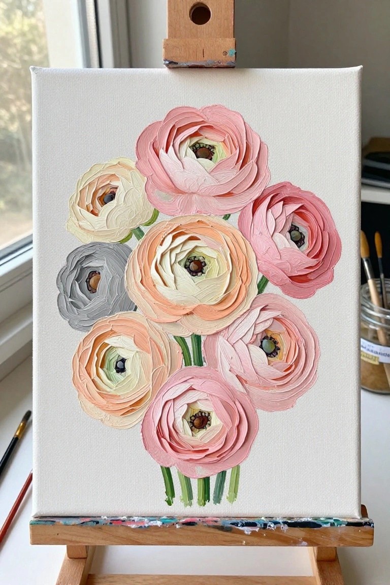 Thickly textured painting of pink peach and gray ranunculus on white canvas easel