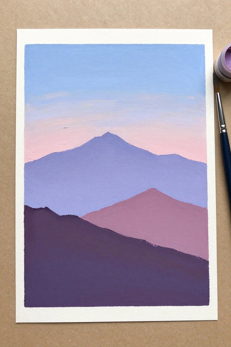 Layered purple mountains under pink-blue sky with paintbrush and jar nearby