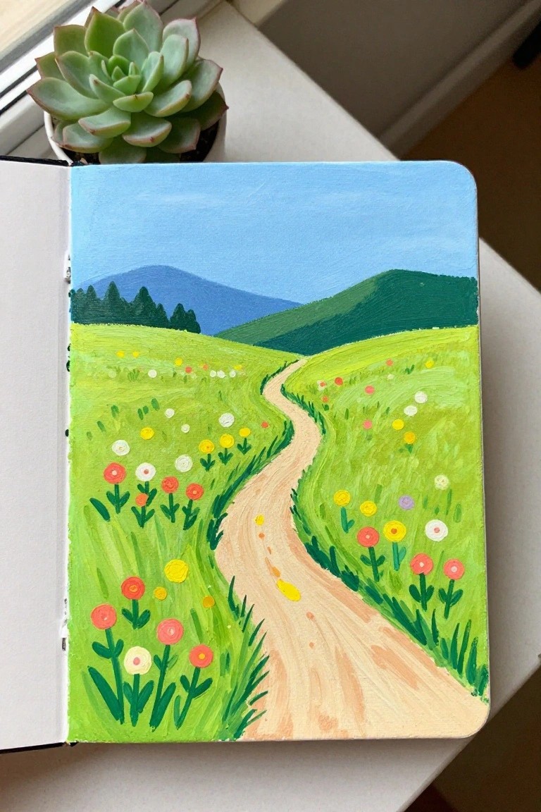 Open notebook with vibrant painting of winding path through flower-filled green hills beside potted succulent