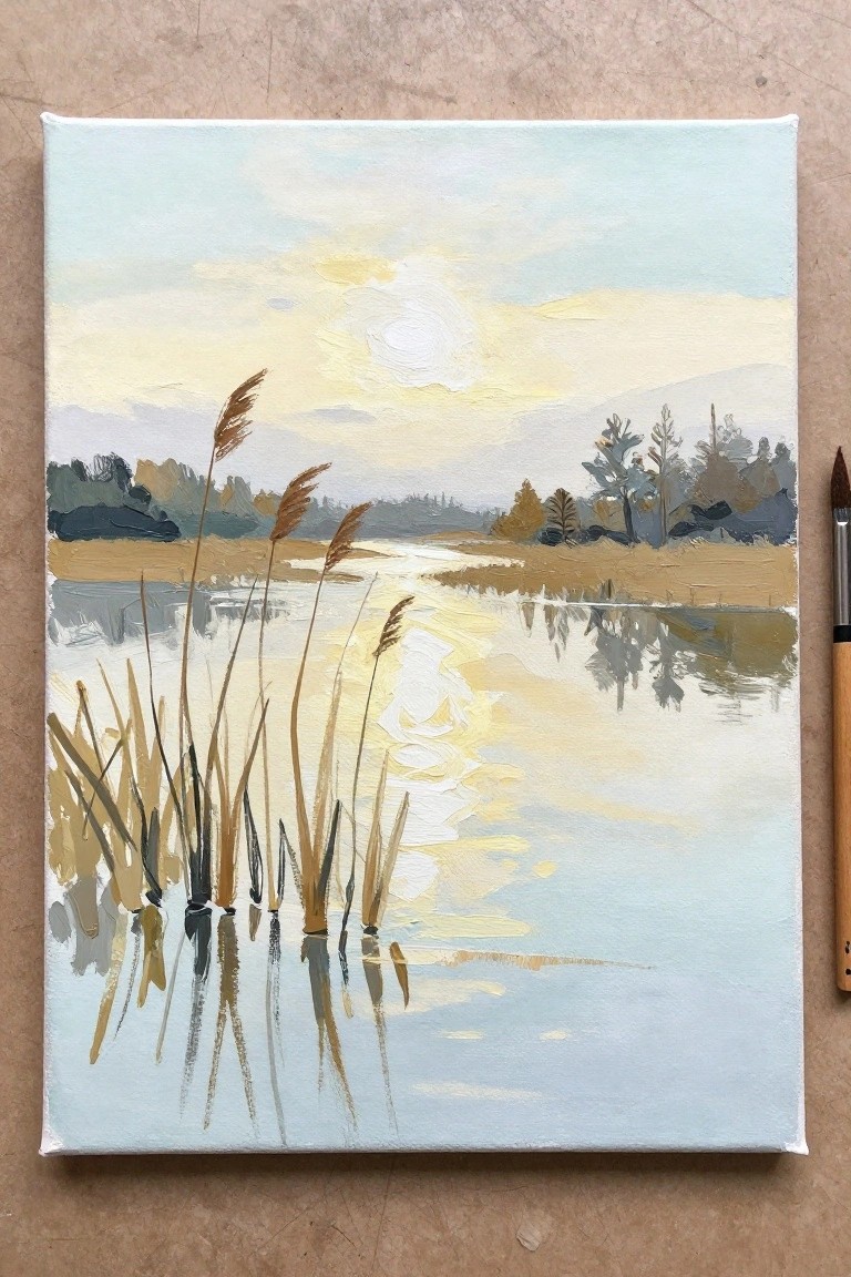 Impressionistic painting of a calm lake at sunrise with golden reeds reflecting in water.