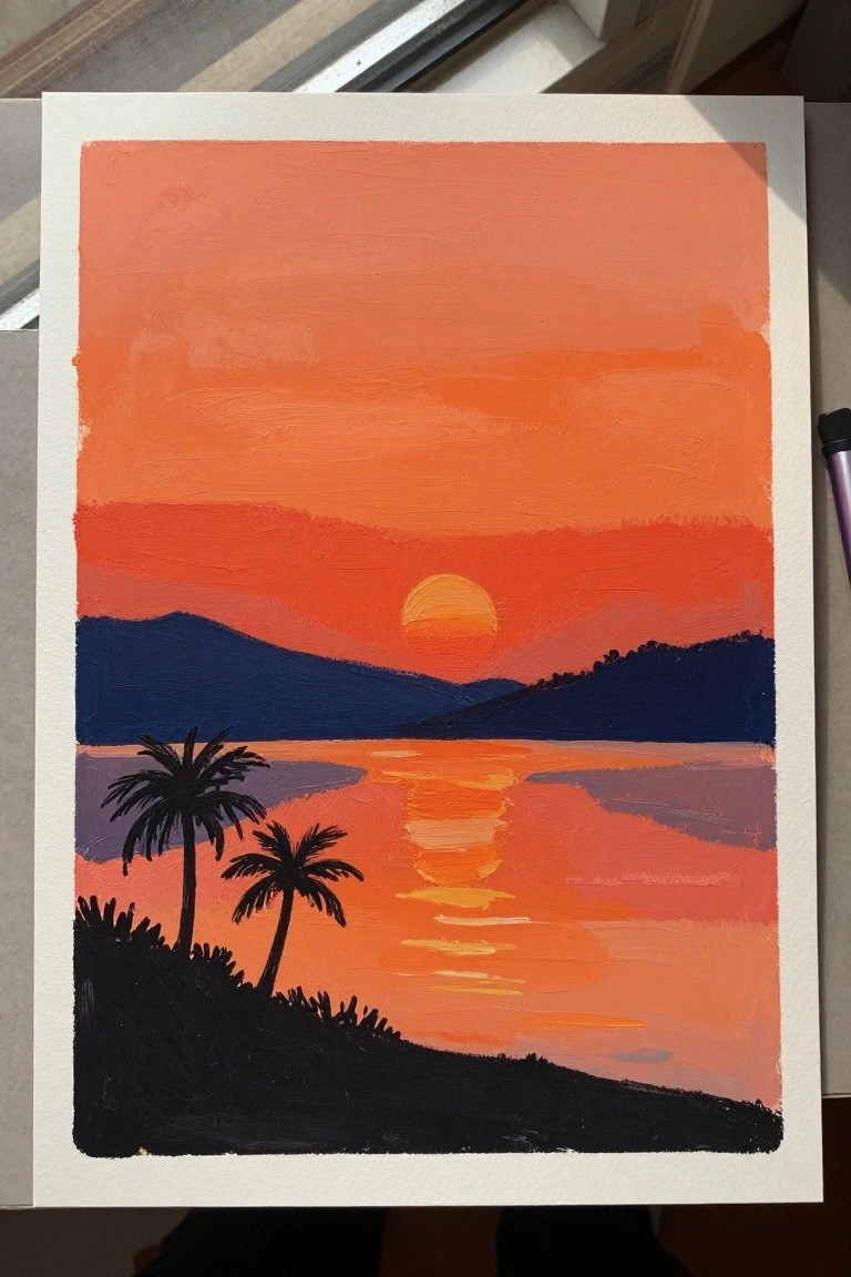 Vibrant sunset painting with orange sky, sun over water, and palm tree silhouettes.