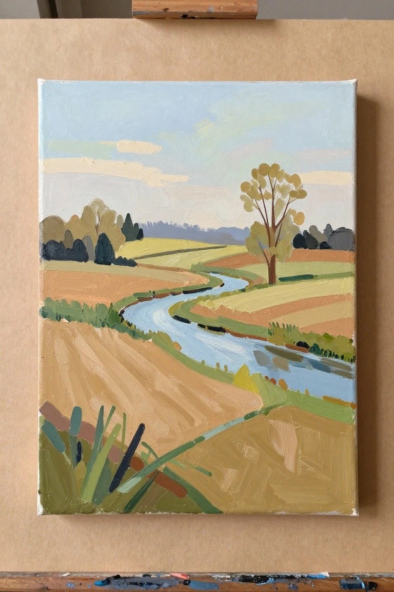 Impressionist landscape painting on easel of winding river through colorful fields with lone tree