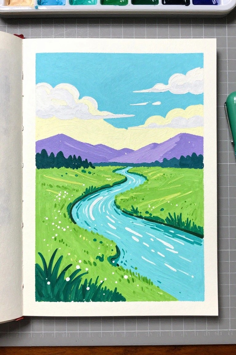Vibrant gouache painting of winding river through green fields with purple mountains.
