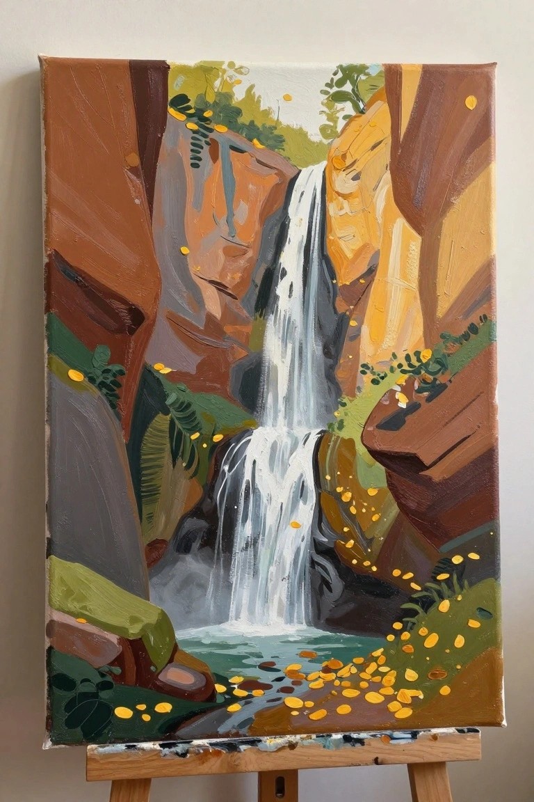 Vibrant painting of cascading waterfall between colorful rocky cliffs into turquoise pool.