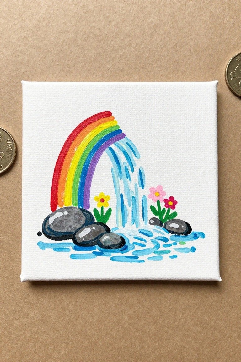 Miniature canvas painting of rainbow over waterfall with rocks and flowers