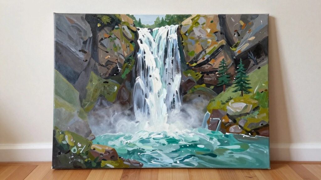 Acrylic painting of a white and turquoise waterfall falling down dark rocky cliffs into a swirling pool, with green trees and foliage on both sides.