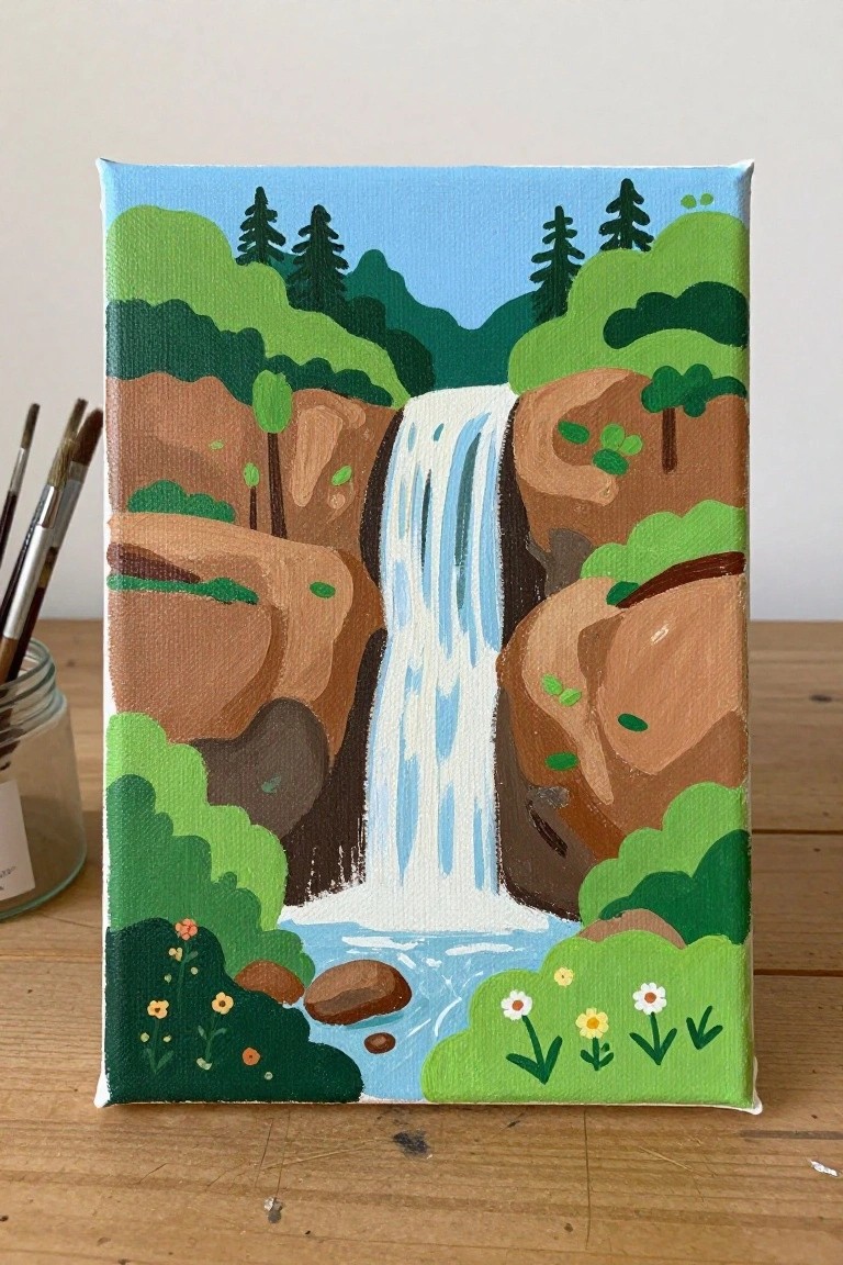 Vibrant canvas painting of a waterfall between rocky cliffs with green trees and flowers.