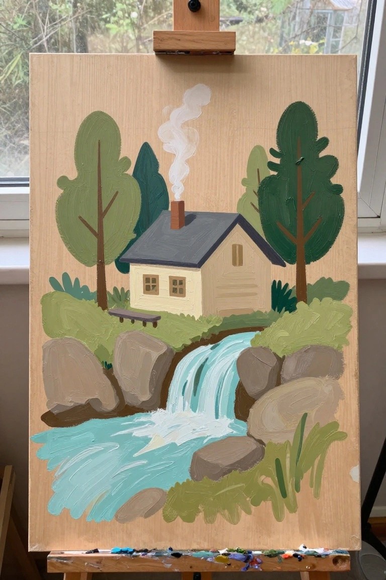 Painting on easel shows house by waterfall amid green trees and rocks