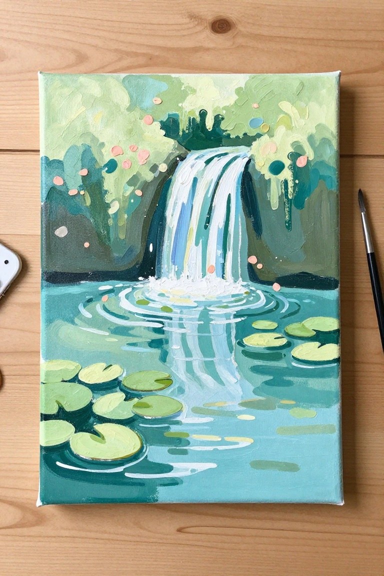 Vibrant painting of waterfall cascading into turquoise pond with green lily pads and foliage