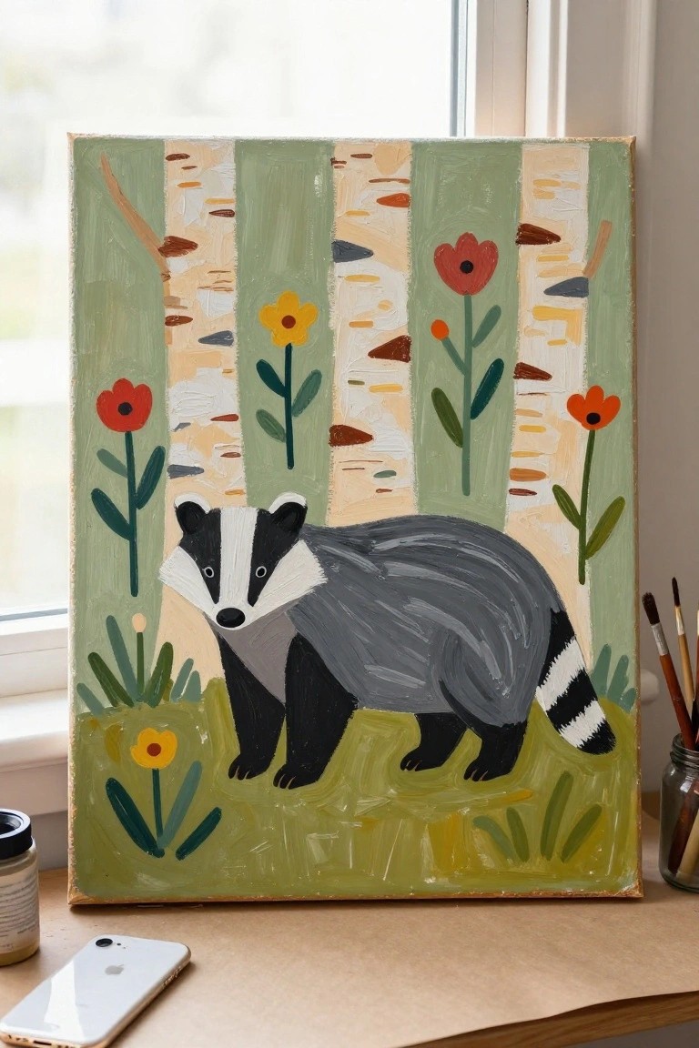 Painting of gray badger amid birch trees, flowers, with brushes and phone nearby