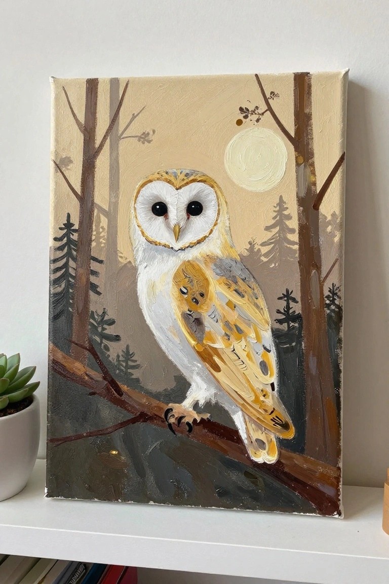 Stylized painting of a barn owl perched on branch in moonlit forest scene.