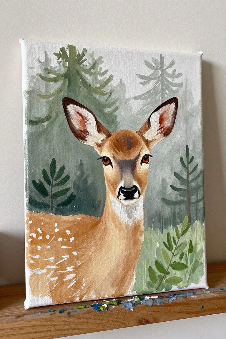 Acrylic painting of a spotted brown deer facing forward in a green forest