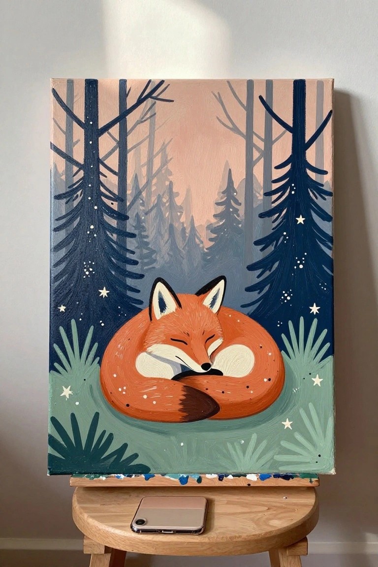 Canvas on easel shows sleeping fox curled in starry pine forest above phone