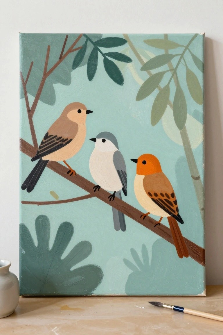 Three stylized birds perched on a branch in a teal painted scene with leaves and a paintbrush.