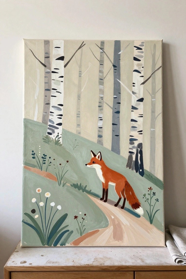 Stylized painting of an orange fox on a path amid birch trees and wildflowers.