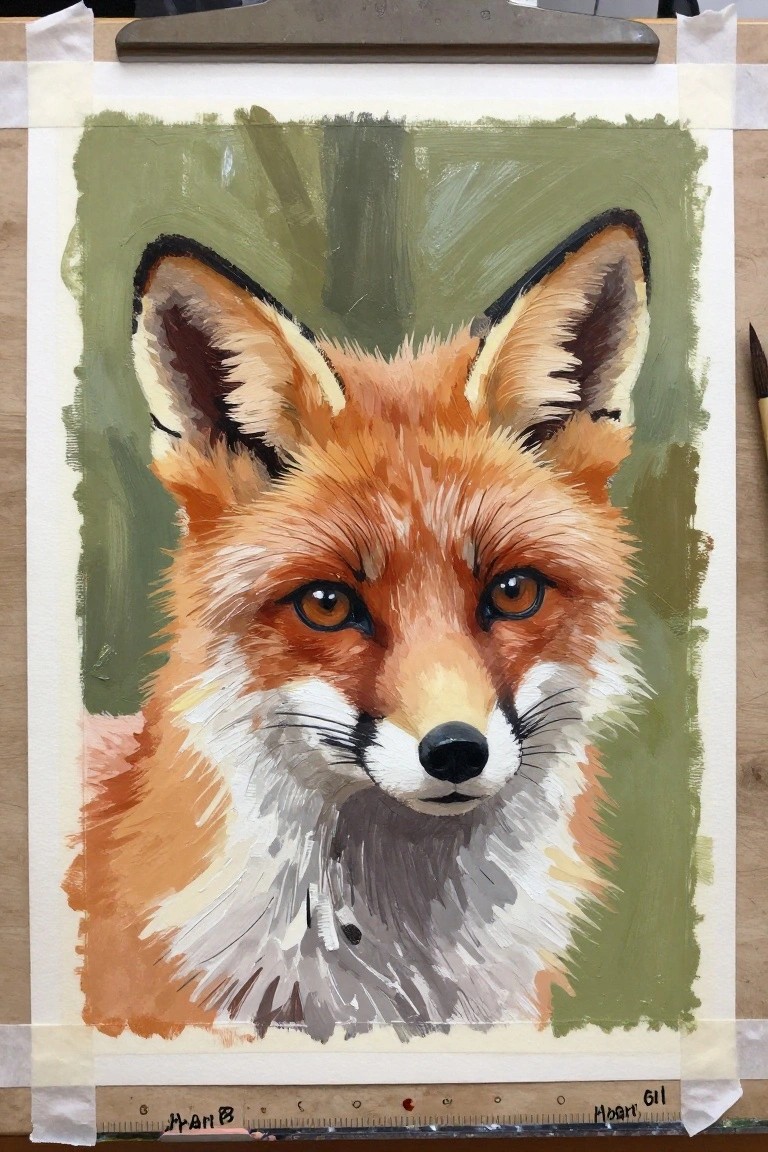 Detailed painting of red fox with orange fur, white chest on green background