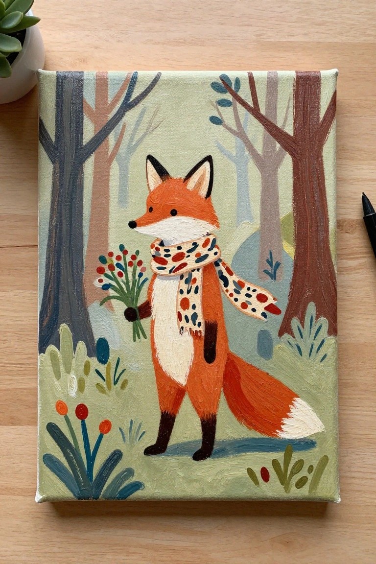 Fox in polka-dot scarf holds flowers in stylized forest painting.