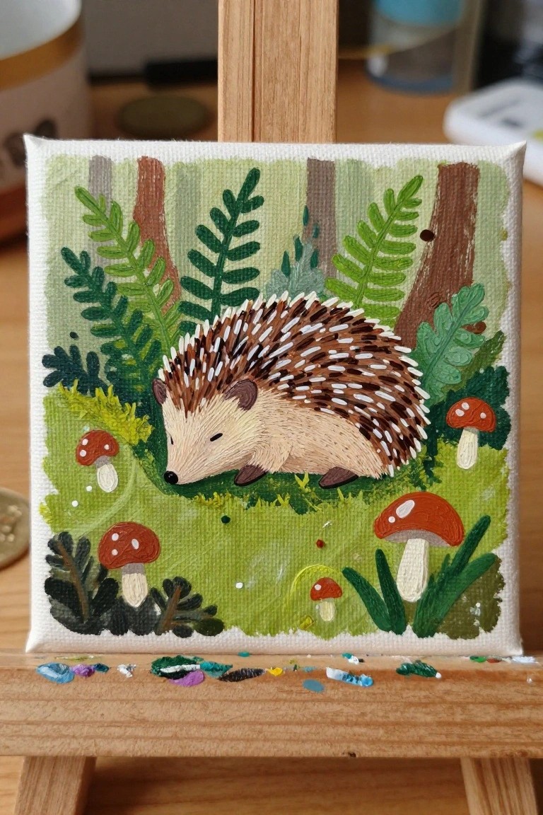 Hedgehog resting in green forest on small canvas with trees and red mushrooms