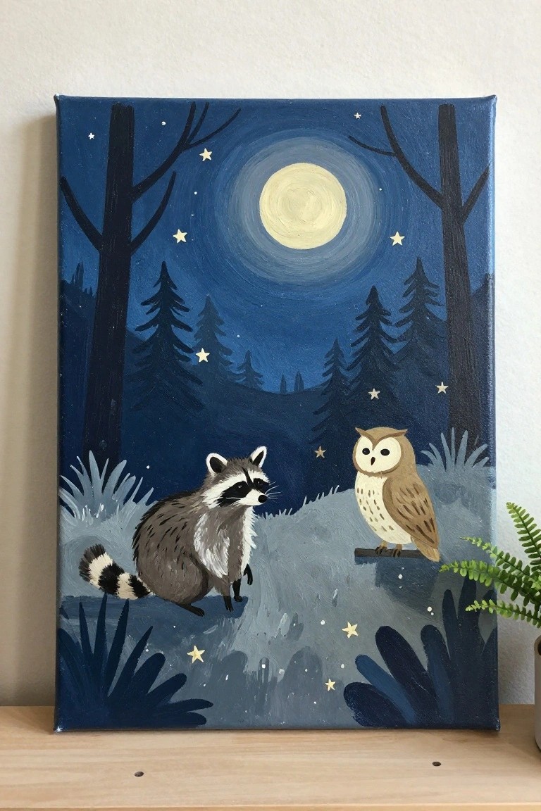An acrylic painting shows a raccoon and an owl sitting in a forest clearing under a full moon with silhouetted trees and stars.